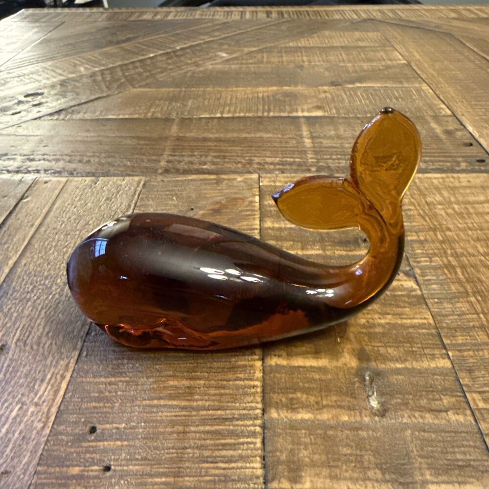 Vintage Amber Glass Whale Paperweight Figurine MCM Style